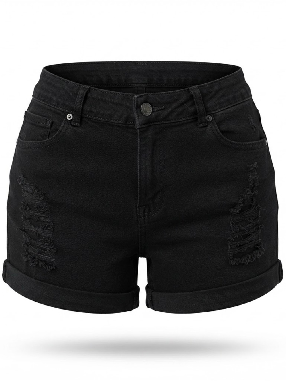 High-Rise Black Distressed Roll-Hem Jean Shorts